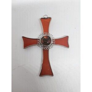 Vintage Bevel Stained Glass Cross Red 6" x 4" Christian Church